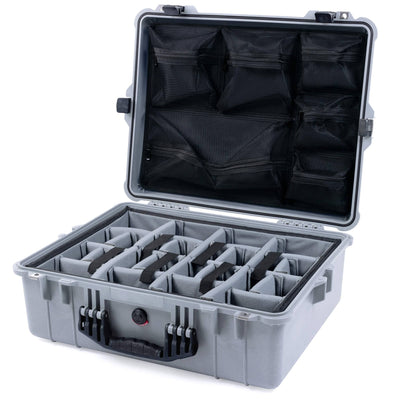 Pelican 1600 Case, Silver with Black Handle & Latches Gray Padded Dividers with Mesh Lid Organizer ColorCase 016000-0170-180-110