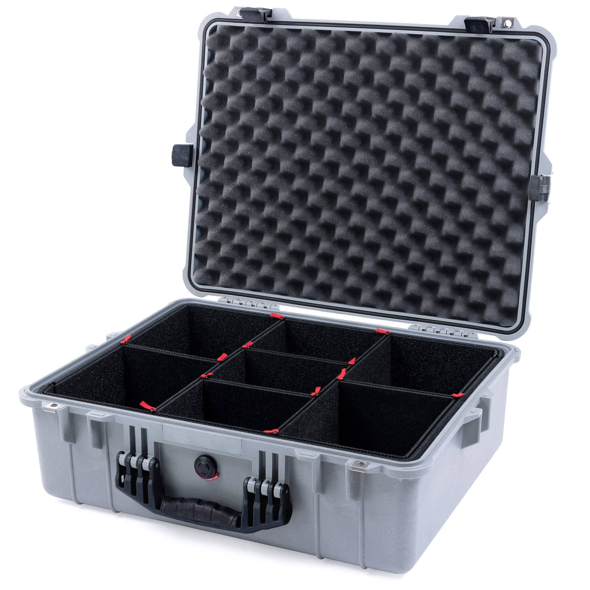 Pelican 1600 Case, Silver with Black Handle &amp; Latches TrekPak Divider System with Convoluted Lid Foam ColorCase 016000-0020-180-110