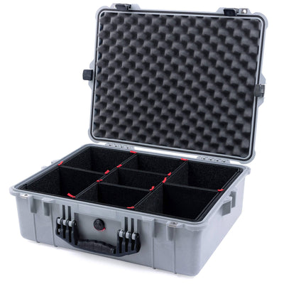 Pelican 1600 Case, Silver with Black Handle & Latches TrekPak Divider System with Convoluted Lid Foam ColorCase 016000-0020-180-110