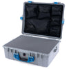Pelican 1600 Case, Silver with Blue Handle & Latches Pick & Pluck Foam with Mesh Lid Organizer ColorCase 016000-0101-180-120