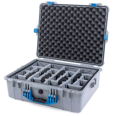 Pelican 1600 Case, Silver with Blue Handle & Latches Gray Padded Dividers with Convoluted Lid Foam ColorCase 016000-0070-180-120