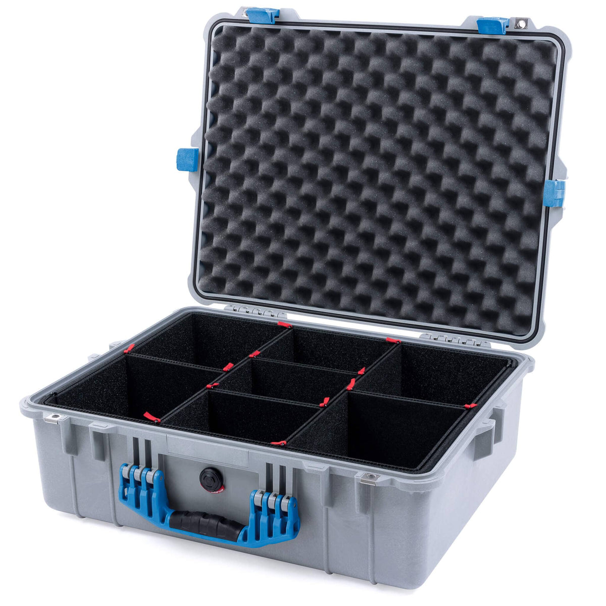 Pelican 1600 Case, Silver with Blue Handle &amp; Latches TrekPak Divider System with Convoluted Lid Foam ColorCase 016000-0020-180-120