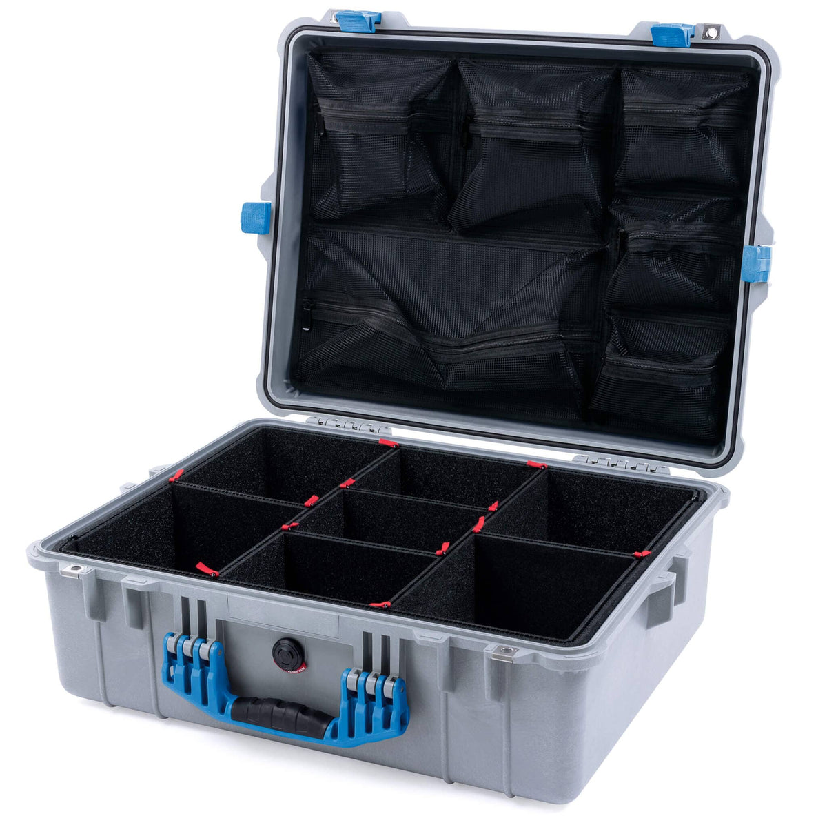 Pelican 1600 Case, Silver with Blue Handle &amp; Latches TrekPak Divider System with Mesh Lid Organizer ColorCase 016000-0120-180-120