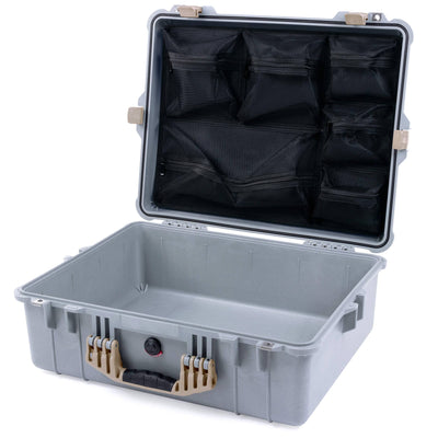 Pelican 1600 Case, Silver with Desert Tan Handle & Latches Mesh Lid Organizer Only ColorCase 016000-0100-180-310