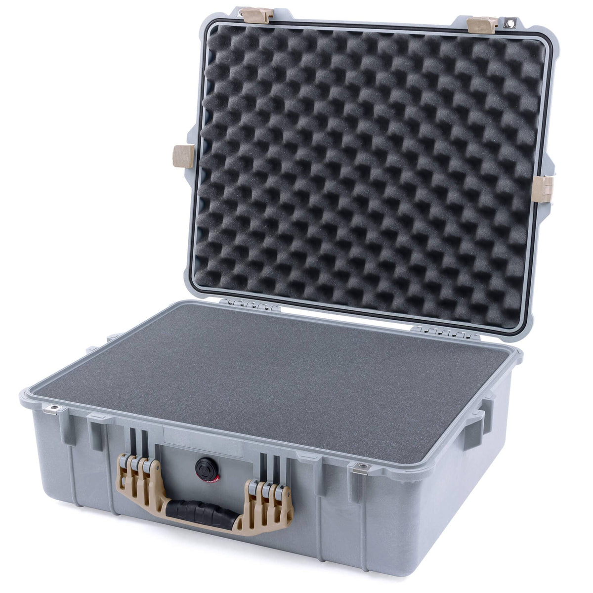 Pelican 1600 Case, Silver with Desert Tan Handle &amp; Latches Pick &amp; Pluck Foam with Convoluted Lid Foam ColorCase 016000-0001-180-310