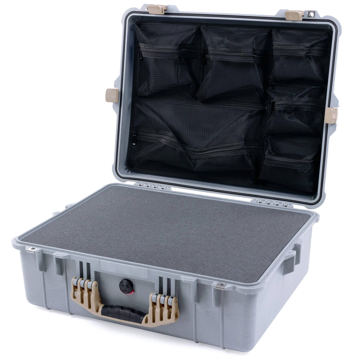 Pelican 1600 Case, Silver with Desert Tan Handle &amp; Latches Pick &amp; Pluck Foam with Mesh Lid Organizer ColorCase 016000-0101-180-310