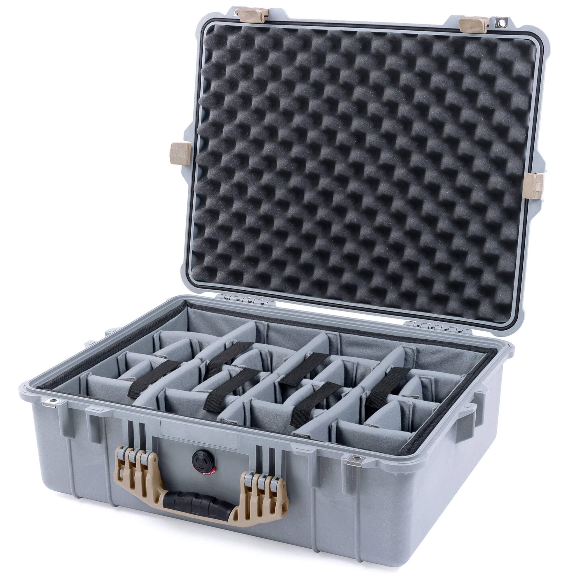 Pelican 1600 Case, Silver with Desert Tan Handle & Latches Gray Padded Dividers with Convoluted Lid Foam ColorCase 016000-0070-180-310