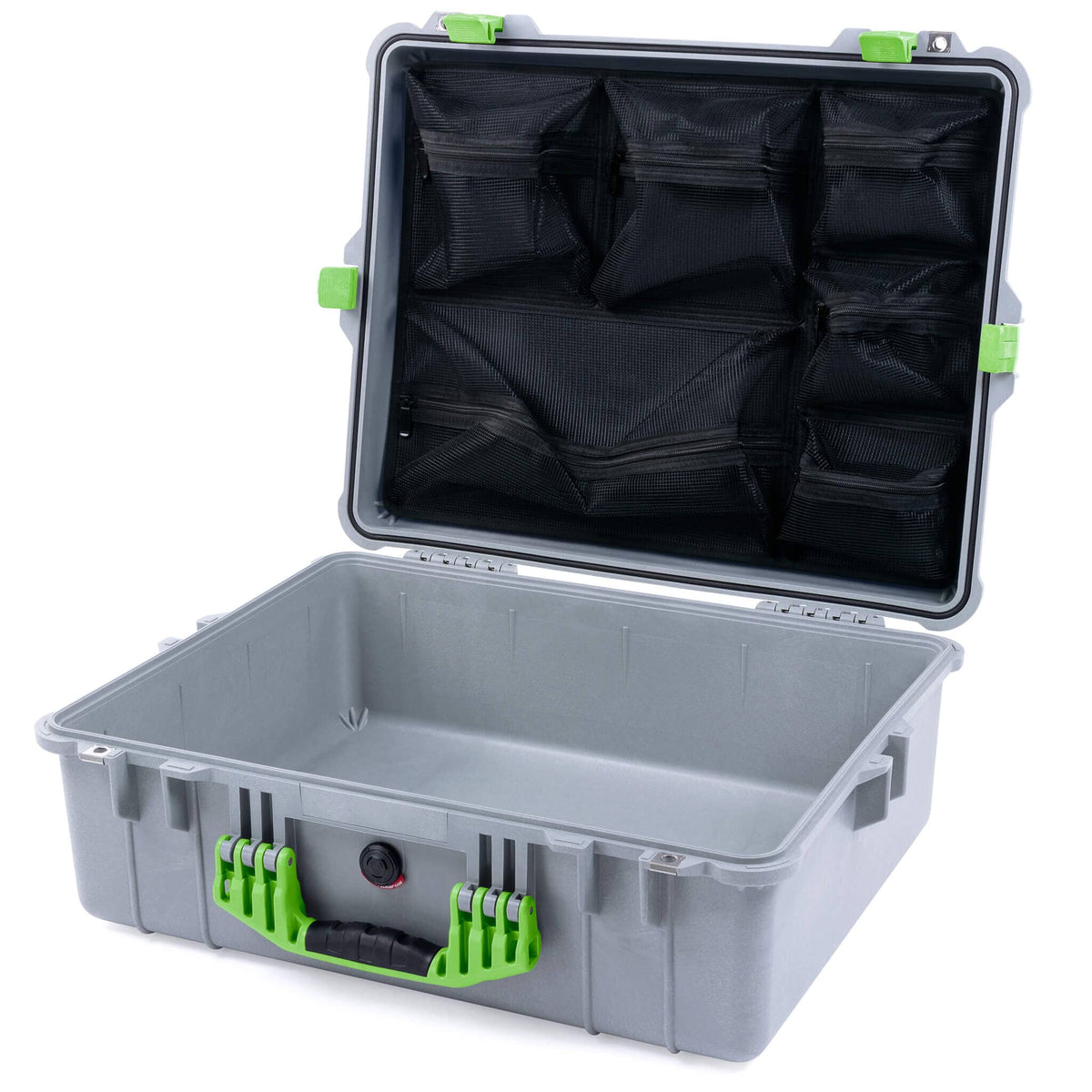 Pelican 1600 Case, Silver with Lime Green Handle &amp; Latches Mesh Lid Organizer Only ColorCase 016000-0100-180-300