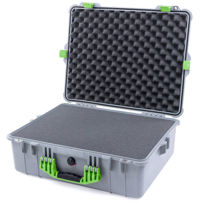 Pelican 1600 Case, Silver with Lime Green Handle & Latches Pick & Pluck Foam with Convoluted Lid Foam ColorCase 016000-0001-180-300