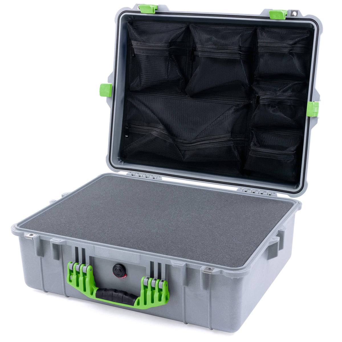 Pelican 1600 Case, Silver with Lime Green Handle &amp; Latches Pick &amp; Pluck Foam with Mesh Lid Organizer ColorCase 016000-0101-180-300
