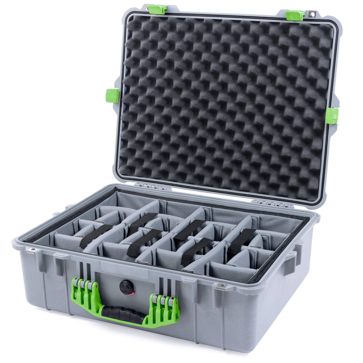 Pelican 1600 Case, Silver with Lime Green Handle &amp; Latches Gray Padded Dividers with Convoluted Lid Foam ColorCase 016000-0070-180-300