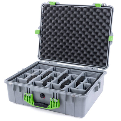 Pelican 1600 Case, Silver with Lime Green Handle & Latches Gray Padded Dividers with Convoluted Lid Foam ColorCase 016000-0070-180-300