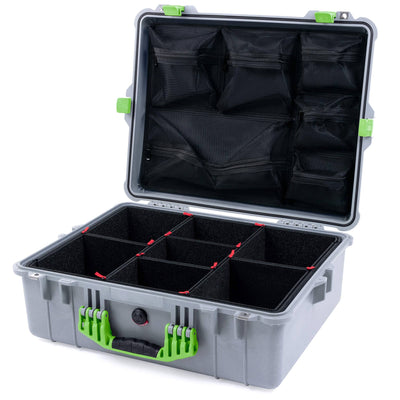 Pelican 1600 Case, Silver with Lime Green Handle & Latches TrekPak Divider System with Mesh Lid Organizer ColorCase 016000-0120-180-300