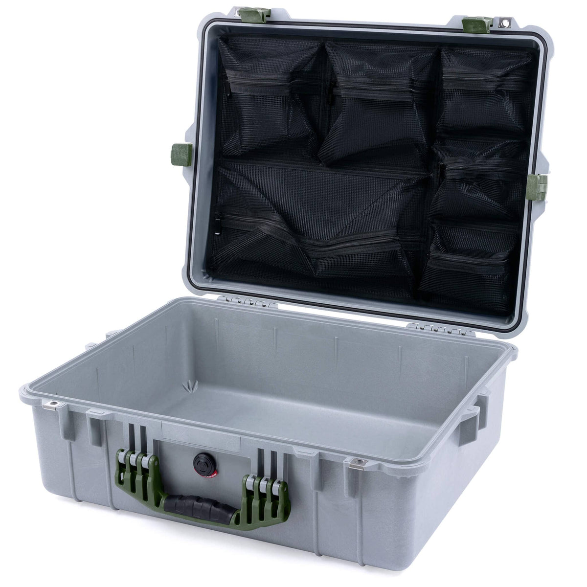 Pelican 1600 Case, Silver with OD Green Handle &amp; Latches Mesh Lid Organizer Only ColorCase 016000-0100-180-130