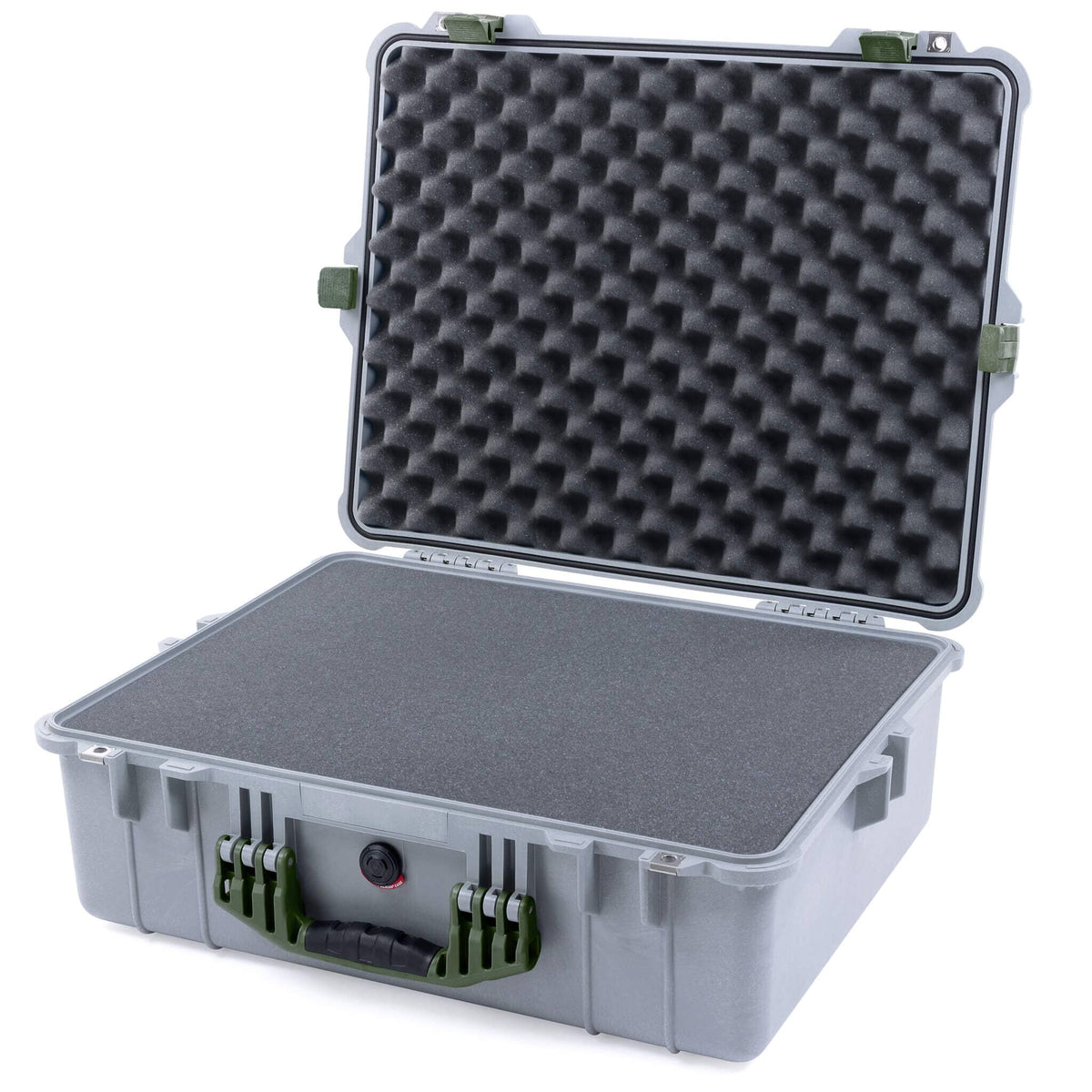 Pelican 1600 Case, Silver with OD Green Handle &amp; Latches Pick &amp; Pluck Foam with Convoluted Lid Foam ColorCase 016000-0001-180-130
