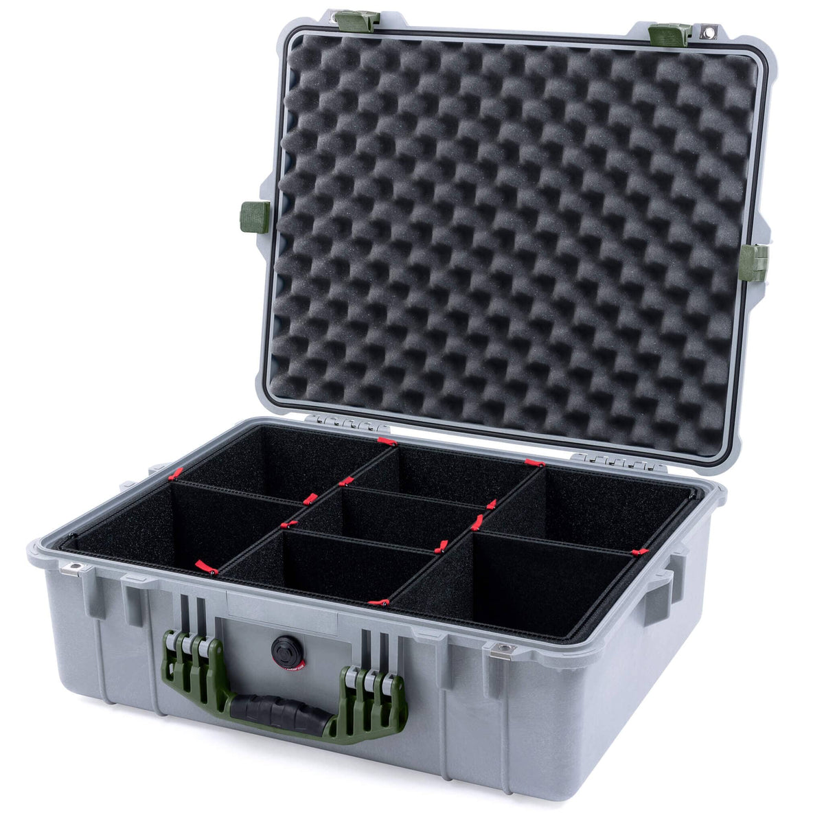 Pelican 1600 Case, Silver with OD Green Handle &amp; Latches TrekPak Divider System with Convoluted Lid Foam ColorCase 016000-0020-180-130