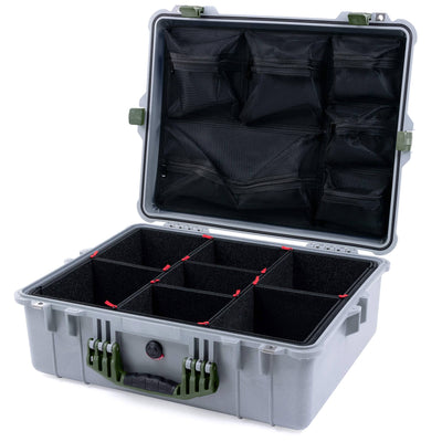 Pelican 1600 Case, Silver with OD Green Handle & Latches TrekPak Divider System with Mesh Lid Organizer ColorCase 016000-0120-180-130