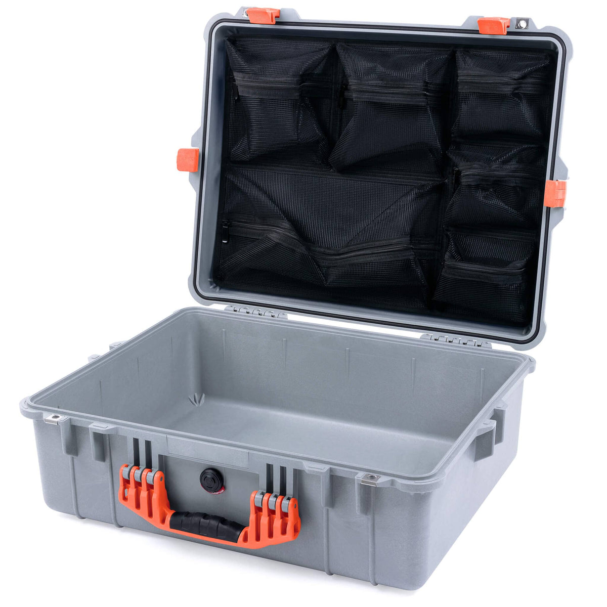 Pelican 1600 Case, Silver with Orange Handle &amp; Latches Mesh Lid Organizer Only ColorCase 016000-0100-180-150