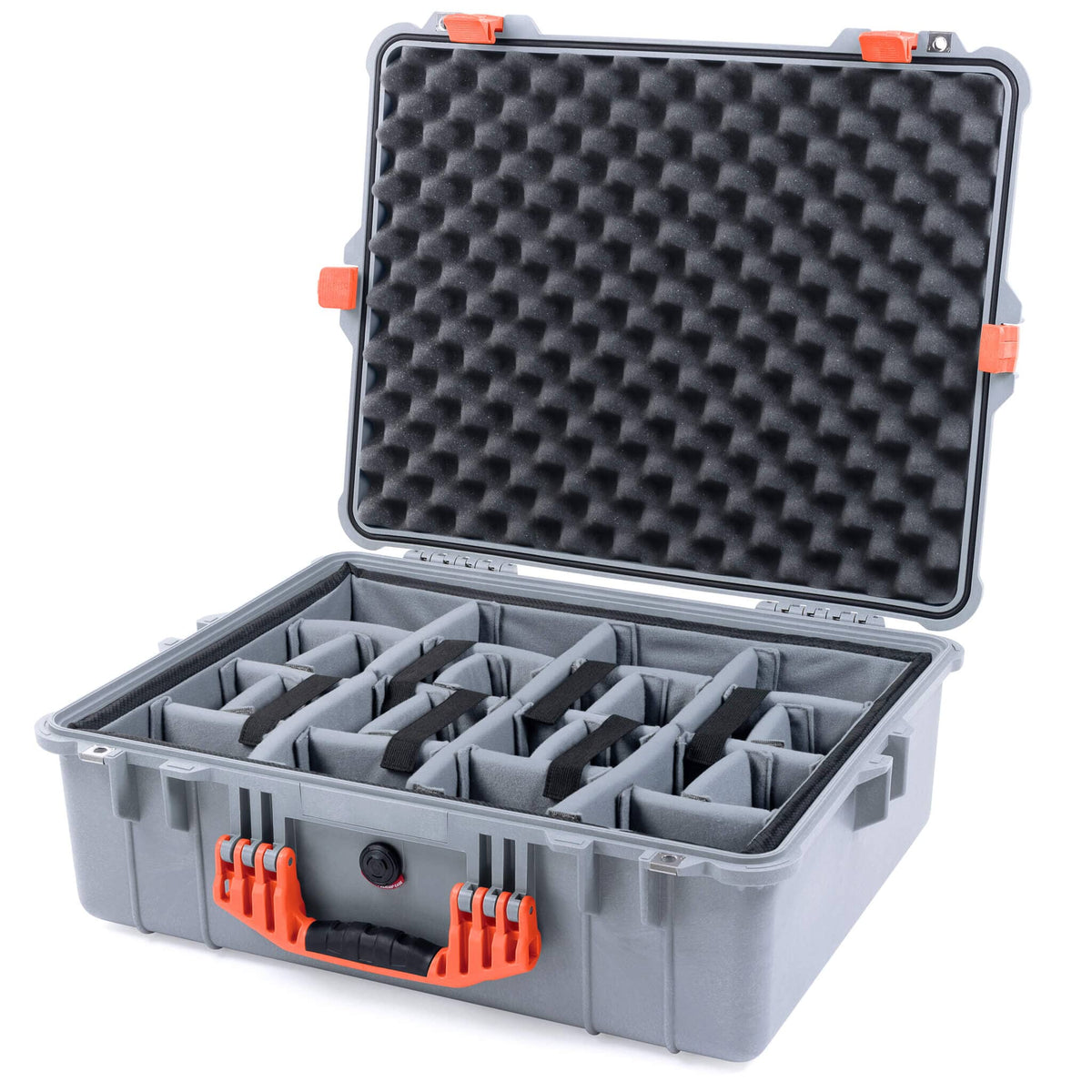 Pelican 1600 Case, Silver with Orange Handle &amp; Latches Gray Padded Dividers with Convoluted Lid Foam ColorCase 016000-0070-180-150