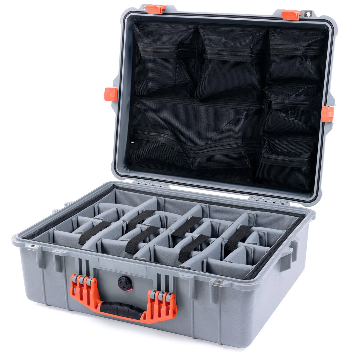 Pelican 1600 Case, Silver with Orange Handle &amp; Latches Gray Padded Dividers with Mesh Lid Organizer ColorCase 016000-0170-180-150