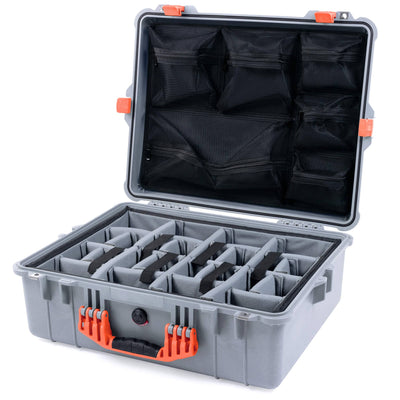 Pelican 1600 Case, Silver with Orange Handle & Latches Gray Padded Dividers with Mesh Lid Organizer ColorCase 016000-0170-180-150