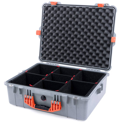 Pelican 1600 Case, Silver with Orange Handle & Latches TrekPak Divider System with Convoluted Lid Foam ColorCase 016000-0020-180-150