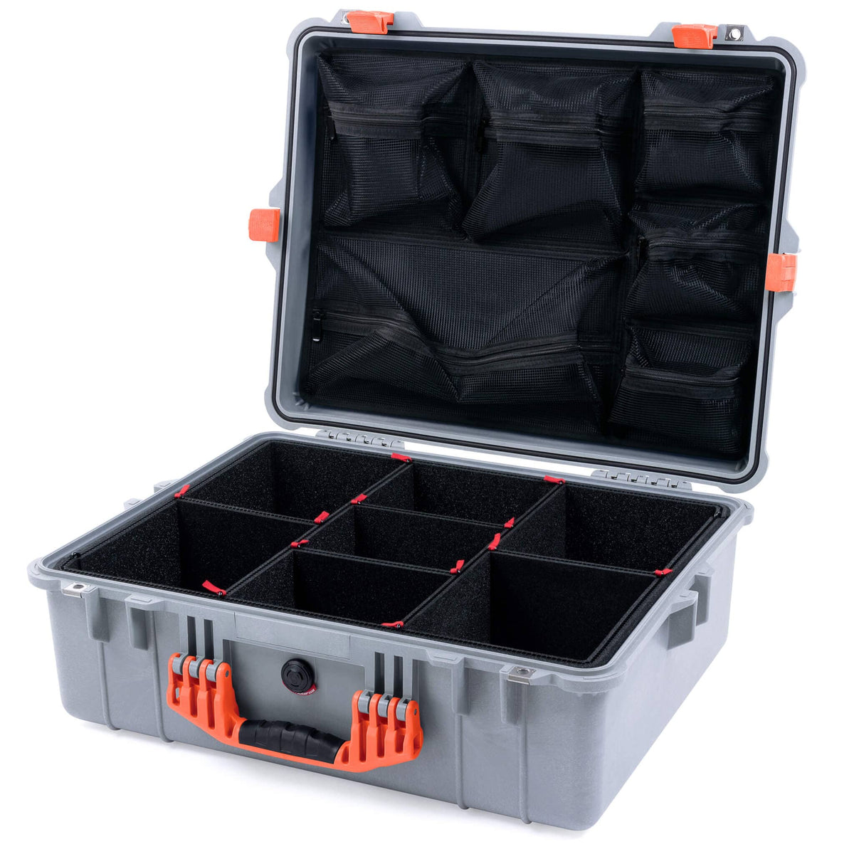 Pelican 1600 Case, Silver with Orange Handle &amp; Latches TrekPak Divider System with Mesh Lid Organizer ColorCase 016000-0120-180-150