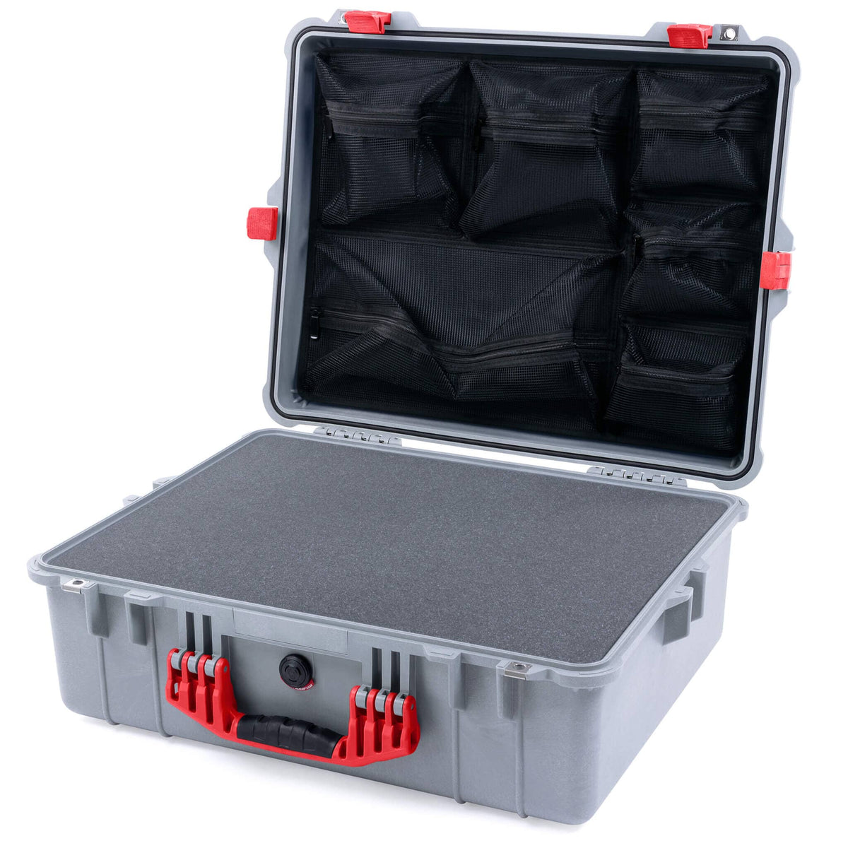 Pelican 1600 Case, Silver with Red Handle &amp; Latches Pick &amp; Pluck Foam with Mesh Lid Organizer ColorCase 016000-0101-180-320