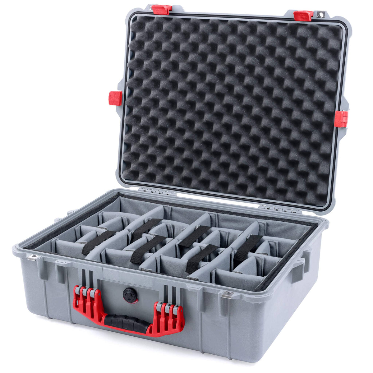 Pelican 1600 Case, Silver with Red Handle &amp; Latches Gray Padded Dividers with Convoluted Lid Foam ColorCase 016000-0070-180-320