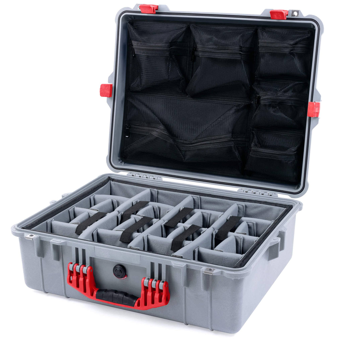 Pelican 1600 Case, Silver with Red Handle &amp; Latches Gray Padded Dividers with Mesh Lid Organizer ColorCase 016000-0170-180-320