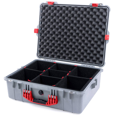 Pelican 1600 Case, Silver with Red Handle & Latches TrekPak Divider System with Convoluted Lid Foam ColorCase 016000-0020-180-320