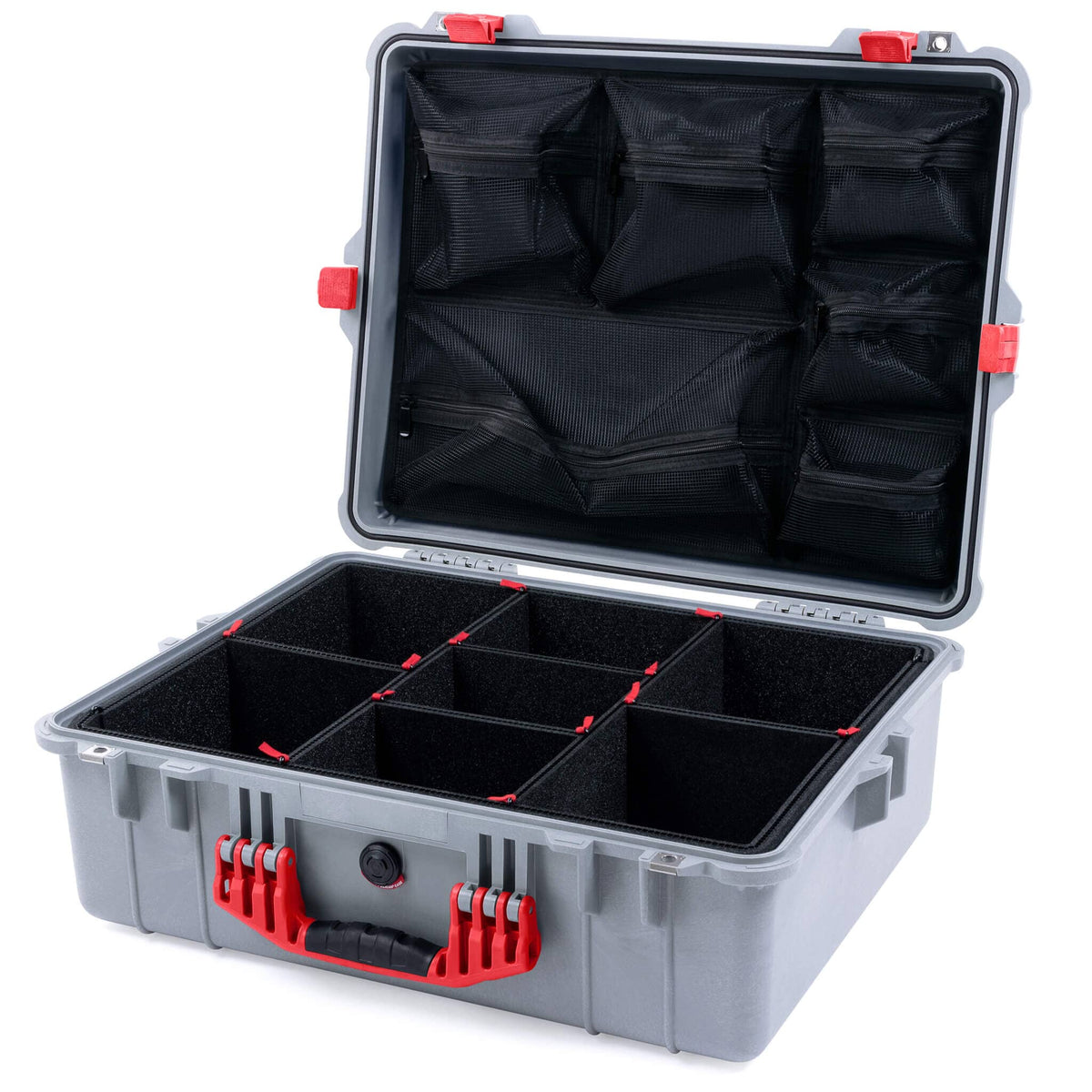 Pelican 1600 Case, Silver with Red Handle &amp; Latches TrekPak Divider System with Mesh Lid Organizer ColorCase 016000-0120-180-320