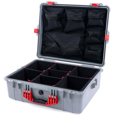 Pelican 1600 Case, Silver with Red Handle & Latches TrekPak Divider System with Mesh Lid Organizer ColorCase 016000-0120-180-320