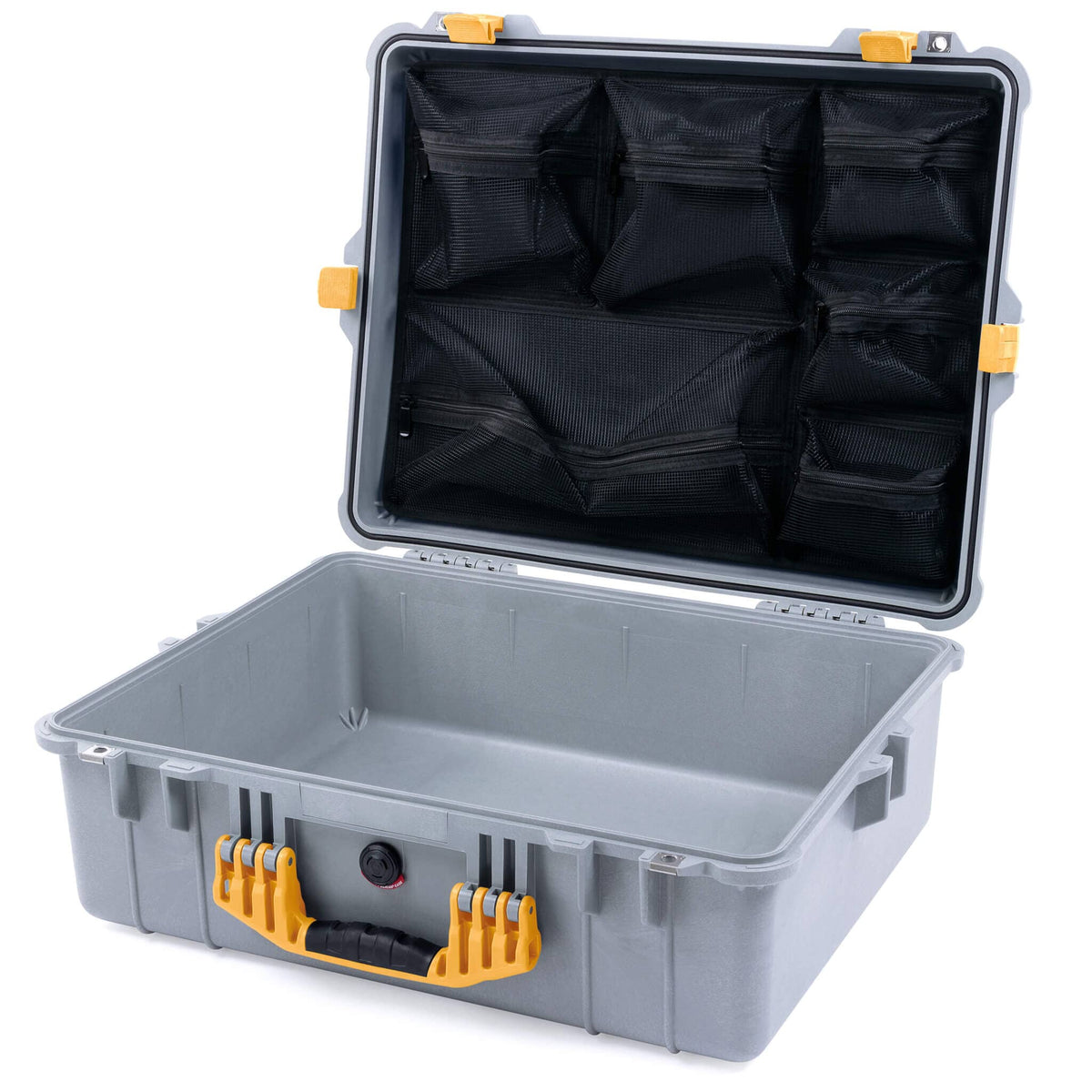Pelican 1600 Case, Silver with Yellow Handle &amp; Latches Mesh Lid Organizer Only ColorCase 016000-0100-180-240