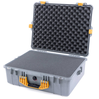 Pelican 1600 Case, Silver with Yellow Handle & Latches Pick & Pluck Foam with Convoluted Lid Foam ColorCase 016000-0001-180-240