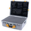 Pelican 1600 Case, Silver with Yellow Handle & Latches Pick & Pluck Foam with Mesh Lid Organizer ColorCase 016000-0101-180-240