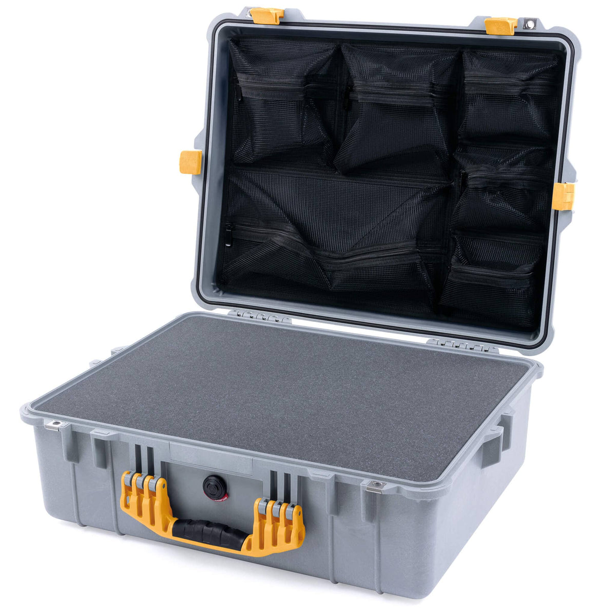 Pelican 1600 Case, Silver with Yellow Handle &amp; Latches Pick &amp; Pluck Foam with Mesh Lid Organizer ColorCase 016000-0101-180-240