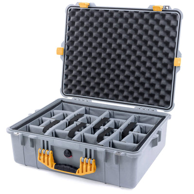 Pelican 1600 Case, Silver with Yellow Handle & Latches Gray Padded Dividers with Convoluted Lid Foam ColorCase 016000-0070-180-240