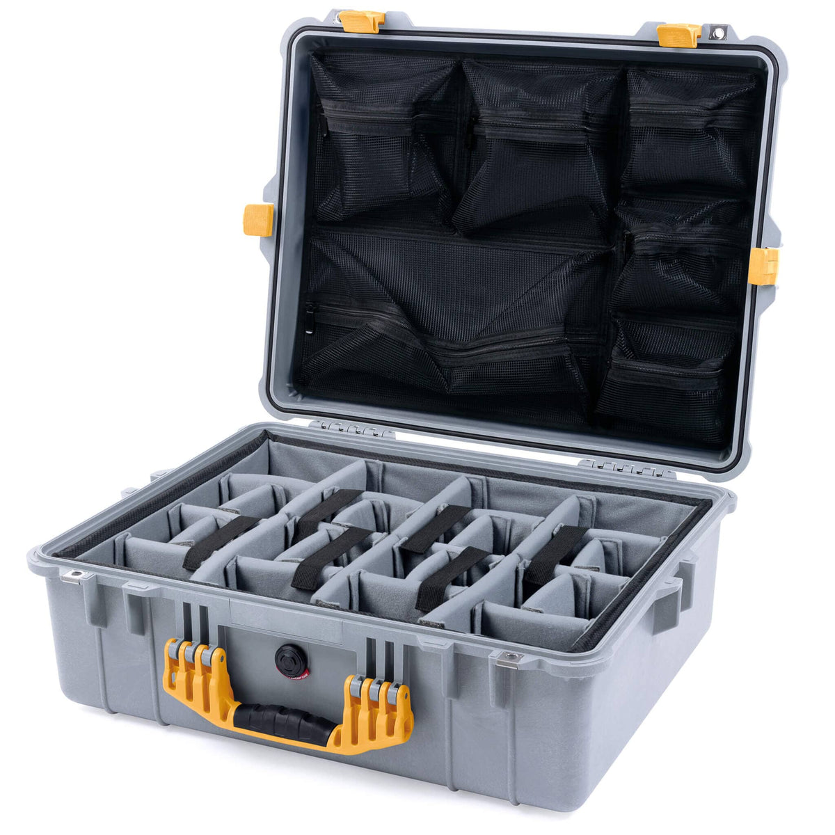 Pelican 1600 Case, Silver with Yellow Handle &amp; Latches Gray Padded Dividers with Mesh Lid Organizer ColorCase 016000-0170-180-240