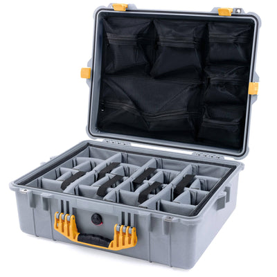 Pelican 1600 Case, Silver with Yellow Handle & Latches Gray Padded Dividers with Mesh Lid Organizer ColorCase 016000-0170-180-240