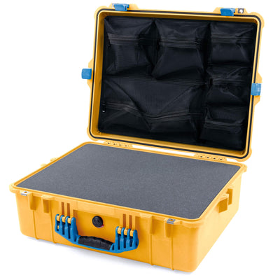 Pelican 1600 Case, Yellow with Blue Handle & Latches Pick & Pluck Foam with Mesh Lid Organizer ColorCase 016000-0101-240-120