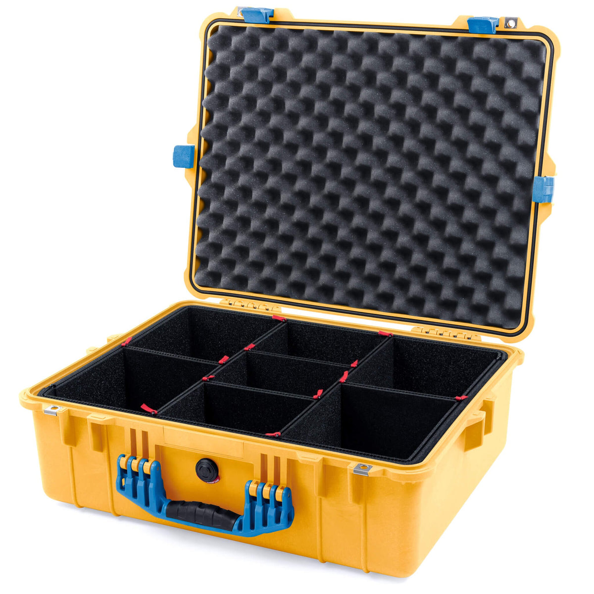 Pelican 1600 Case, Yellow with Blue Handle &amp; Latches TrekPak Divider System with Convoluted Lid Foam ColorCase 016000-0020-240-120