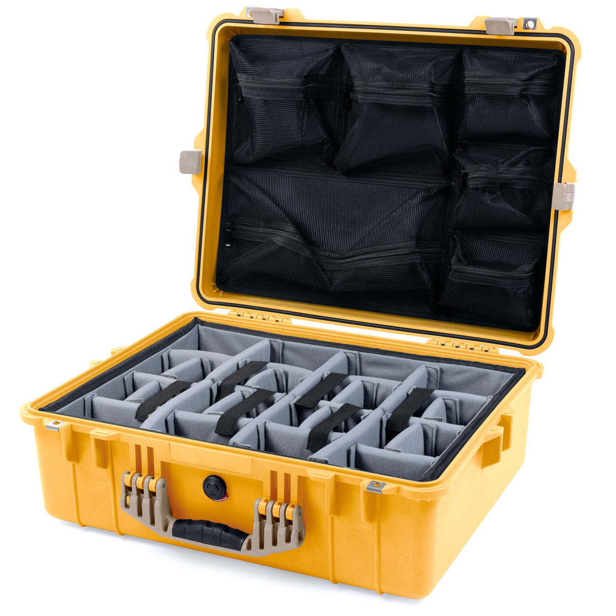 Pelican 1600 Case, Yellow with Desert Tan Handle &amp; Latches Gray Padded Dividers with Mesh Lid Organizer ColorCase 016000-0170-240-310