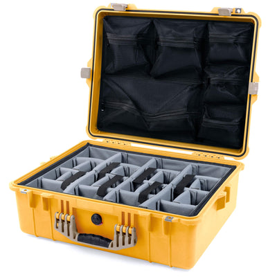 Pelican 1600 Case, Yellow with Desert Tan Handle & Latches Gray Padded Dividers with Mesh Lid Organizer ColorCase 016000-0170-240-310