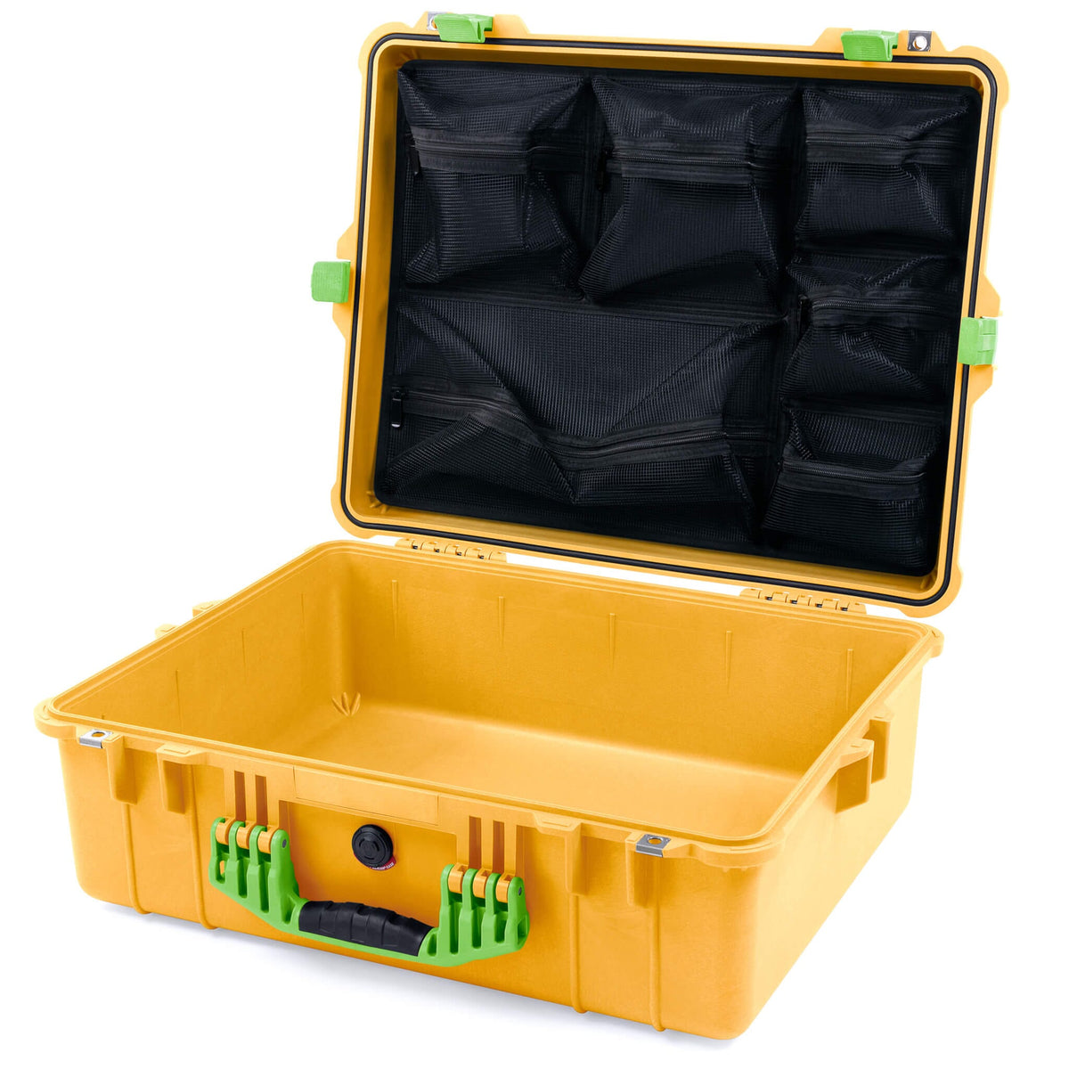Pelican 1600 Case, Yellow with Lime Green Handle &amp; Latches Mesh Lid Organizer Only ColorCase 016000-0100-240-300