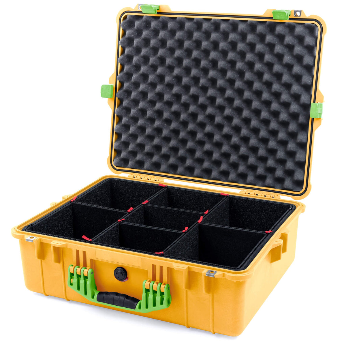 Pelican 1600 Case, Yellow with Lime Green Handle &amp; Latches TrekPak Divider System with Convoluted Lid Foam ColorCase 016000-0020-240-300