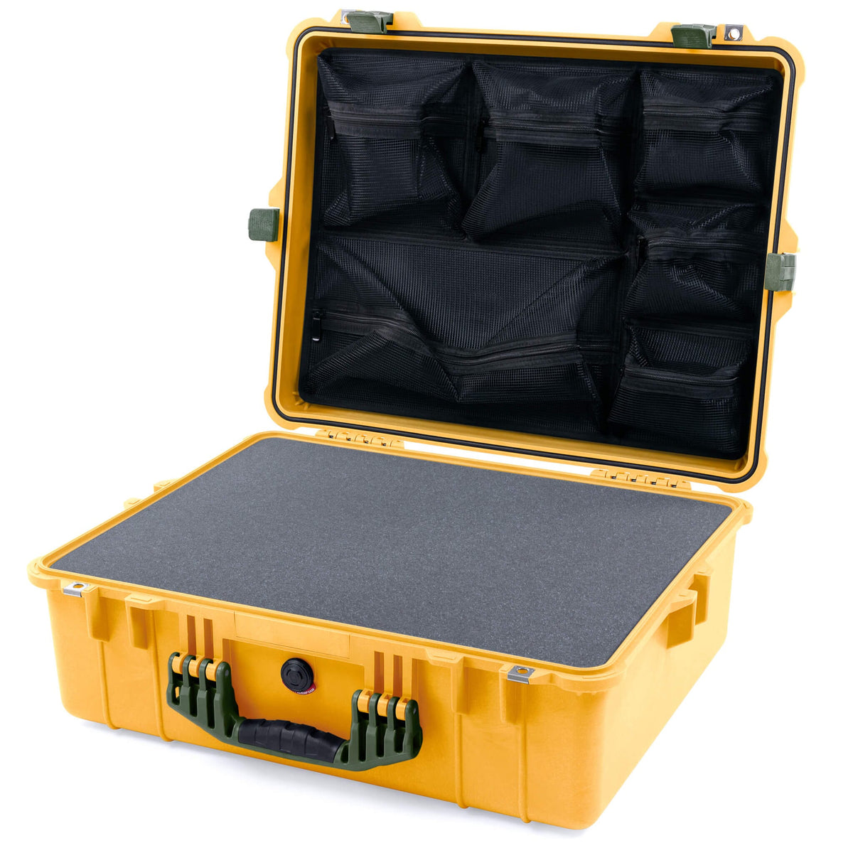 Pelican 1600 Case, Yellow with OD Green Handle &amp; Latches Pick &amp; Pluck Foam with Mesh Lid Organizer ColorCase 016000-0101-240-130