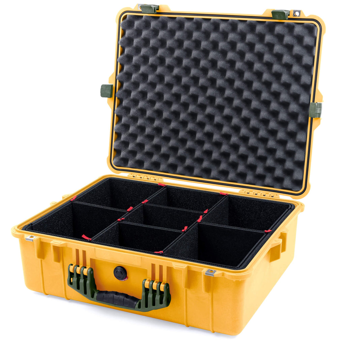 Pelican 1600 Case, Yellow with OD Green Handle &amp; Latches TrekPak Divider System with Convoluted Lid Foam ColorCase 016000-0020-240-130