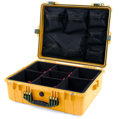 Pelican 1600 Case, Yellow with OD Green Handle & Latches TrekPak Divider System with Mesh Lid Organizer ColorCase 016000-0120-240-130