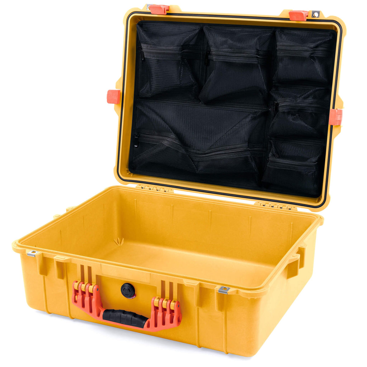 Pelican 1600 Case, Yellow with Orange Handle &amp; Latches Mesh Lid Organizer Only ColorCase 016000-0100-240-150
